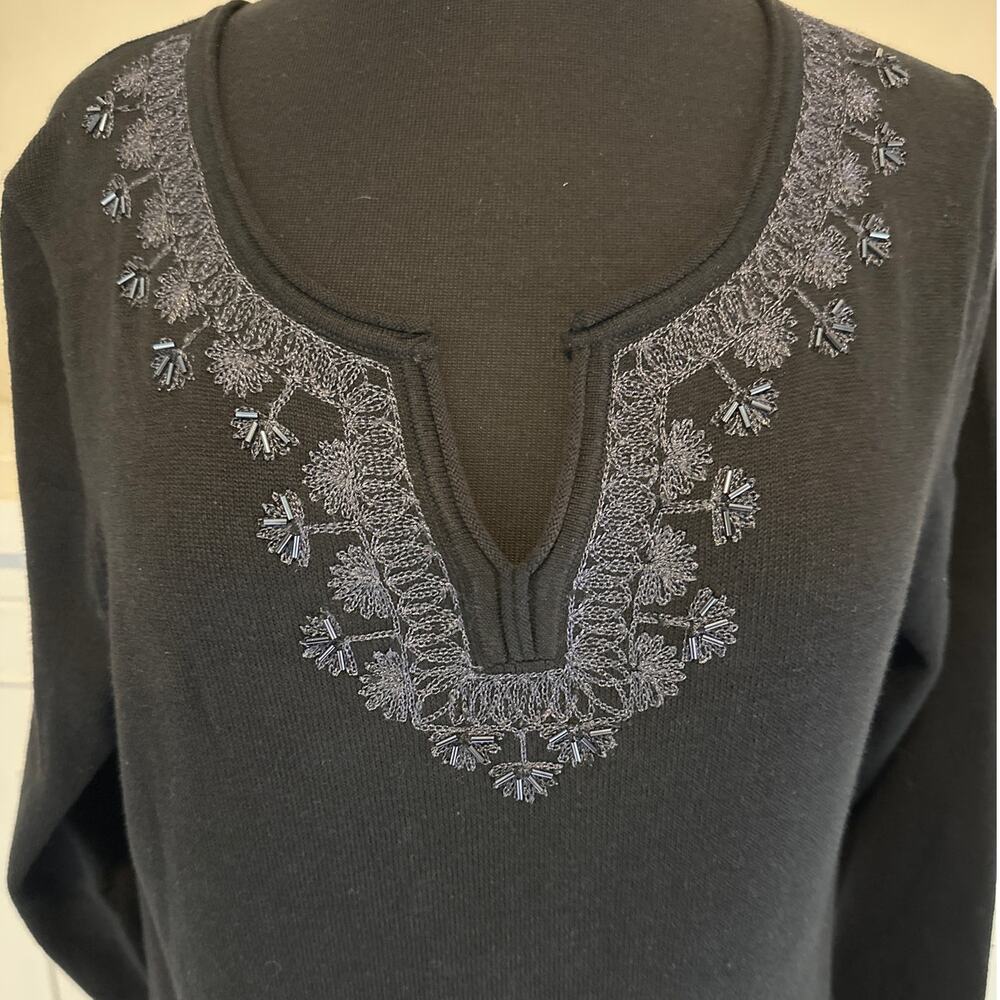 Tommy Bahama Black Pickford Embellished Split Neck Sweater Dress 3/4 Sleeve Sz S - Picture 3 of 14